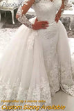 Runhufu 2023 Women's Sexy V-Neck Wedding Dresses Long Sleeve Lace Applique Bridal Gowns Long Robe Princess Beach Party Vestidos