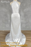 Runhufu Real Picture Simple Halter Sleeveless Satin Mermaid Wedding Dress Open Back Sweep Train Bridal Gown Custom Made