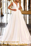 Runhufu Wedding Dresses Women V-Neck Pleat Open Back Bow Satin Spaghetti Straps Bridal Ball Gowns Sweep Train Vestidos De Noiva