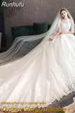 Runhufu Embroidery Wedding Dress With Big Train 2023 High Neck Half Sleeve Wedding Gown Vintage Bridal Gown