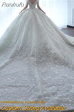 Runhufu New Luxury Wedding Dress Off The Shoulder V-neck Sexy Lace Applique Princess Wedding Gown With Pearls Vestido De Noiva