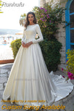 Runhufu Muslim Long Sleeves Wedding Dresses Appliques Scoop Neck Buttons Back Court Train Formal Brides Gowns