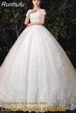 Runhufu New Boat Neck Wedding Dress Sweep Brush Train Ball Gown Bridal Dress Lace Up Wedding Gowns Vestidos De Novia