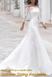 Runhufu Mermaid Boat Neck Wedding Dress 3/4 Sleeves Boho Lace Appliques 2023 Bridal Gown Off Shoulder Buttons Robe De Mariée