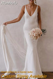 Runhufu Deep V Neck Crepe Detachable Train Mermaid Wedding Dress 2023 Plain Sleeveless Open Back Simple Bridal Gowns Elegant