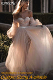 runhufu Beach Wedding Dresses Pink 2023 Elegant Sweetheart Lantern Sleeve A-Line Lace Appliques Boho Bridal Gowns Custom Made