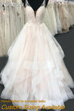 Runhufu de Noche Blush Pink Wedding Dress New 2023 V Neck Luxury Beading Lace Bridal Wedding Gowns Real Photo