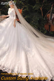 runhufu Neck Wedding Gown With Train 2023 New Three Quarter Sleeve Lace Up Bridal Ball Gown Robe De Mariee Vestido De Noiva