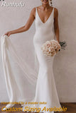 Runhufu Mermaid Wedding Dresses V-Neck Spaghetti Straps Satin Simple Bridal Gown Open Back Women Sweep Train Vestidos De Noiva