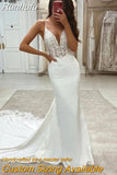 Runhufu V-neck Lace Mermaid Wedding Dress Spaghetti Strap White Simple Bridal Gown Sweep Train Open Back Vestidos De Novia 2024
