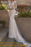 Runhufu Luxury Lace Appliques Sequins Mermaid Wedding Dress V-Neck Long Sleeve Backles Sweep Train Bride Gown Vestidos De Noiva 925