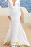 Runhufu White Wedding Dresses Mermaid Long Sleeves Sexy Deep V-Neck Satin Backless Buttons 2023 Elegant Bride Gown Robe De Mariée