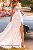 Runhufu Sweetheart Wedding Dress Srapless Slit Side Chiffon Sexy Backless Lace Applique Bridal Gown Sweep Train Vestido De Noiva