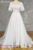 Runhufu Real Picture Princess Square-Neck Puff Sleeves Appliques Tulle A-Line Wedding Dress Backless Sweep Train Bridal Gown