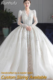 Runhufu Sleeved Winter Wedding Dress 2023 New V Neck Luxury Beading Princes Wedding Gown Vestido De Noiva