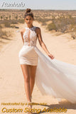 Runhufu Halter Neck Wedding Dress Side Split Tulle A-Line With Short Skirt V-Backless Vestidos De Novia Beach Elegant Robe Gowns