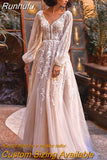 Runhufu NICEB Boho Vintage Wedding Dress Lantern Sleeves Lace Backless Bride Gown Illusion O-Neck Tulle Vestido De Fiesta De Boda