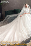 runhufu Embroidery Wedding Dress With Big Train 2023 High Neck Half Sleeve Wedding Gown Vintage Bridal Gown