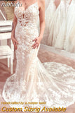 runhufu Spaghetti Straps Mermaid Wedding Dresses Champagne Bride Dress Lace Vestido de Noiva Sereia Wedding Gowns