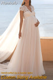 Runhufu V-neck Cap Sleeve Pregnant Wedding Dresses Bohemian Sexy Empire Waist Open Back A Line Floor Length Tulle Bridal Gowns