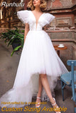 Runhufu Elegant Tulle High/Low Princess Wedding Dress 2023 V Neck Ruffles Backless A Line Party Bridal Gown Robe De Mariée