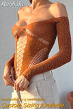 Runhufu Women’s Off Shoulder Bodysuit Shiny Rhinestone Long Sleeve Hollow Out Slim Fit Leotard Tops