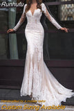 Runhufu Gorgeous Long Sleeve Lace Mermaid Wedding Dress Illusion Tulle Bridal Gown With Button Back Sheer O-Neck Sweep Train