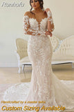 Runhufu Lace Wedding Dress Mermaid Illusion Corset Vestido De Noiva Long Sleeve Sheer Off Shoulder Appliqué Bridal Dress 2023 Robe