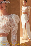 Runhufu Boho Two Pieces Lace Top Long Puff Sleeves Wedding Dresses High Side Slit O-Neck Backless Sweep Train Princess Illusion