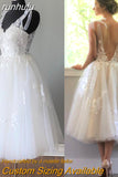 runhufu Wedding Dresses Summer 2023 Tea Length Robe De Mariée V-Neck Lace appliques Bride Dress Vestido De Novia