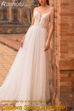 Runhufu Spaghetti Straps Wedding Dress Sleeveless 2023 Lace Fashion Beads Tulle Bride Dress V-neck Backless A-Line Vestido De Novia