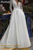 Runhufu NICEB Deep V Neck Shiny Wedding Dresses With Pockets Satin Sweep Train Wedding Gown Glitter Long Sleeve 2023 Bridal Party